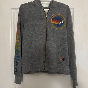 Aviator Nation Gray Zip-Up Hoodie with Rainbow Accents